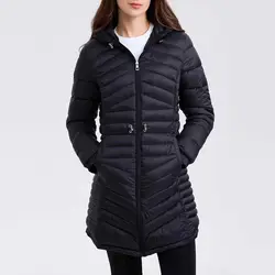 FASHIONSPARK Women's Down Parka Feather Coat Lightweight Adjustable Waist Puffer Jacket Water-Resistant Hooded Winter Long Coats