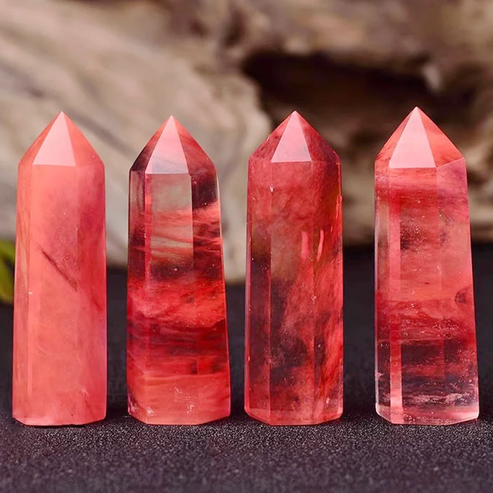 Red Smelting Stone Single Pointed Hexagonal Prism Red Crystal Point Wand Tower Home Decor Gifts Crystal Crafts Ornament