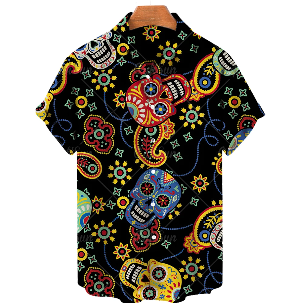 Vintage Men\'s Shirt Hip Hop Skull Print Short Sleeve Oversized Top Tees  Old Casual Hawaiian Men Clothing Lapel Shirt Streetwear