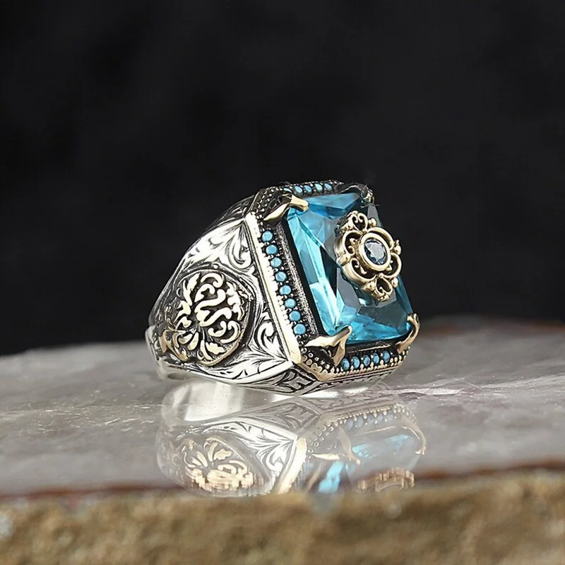 vintage Handmade Turkish Signet Ring For Men Women Ancient Silver Color Carved Eagle Ring Green Zircon Inlay Punk Motor Biker