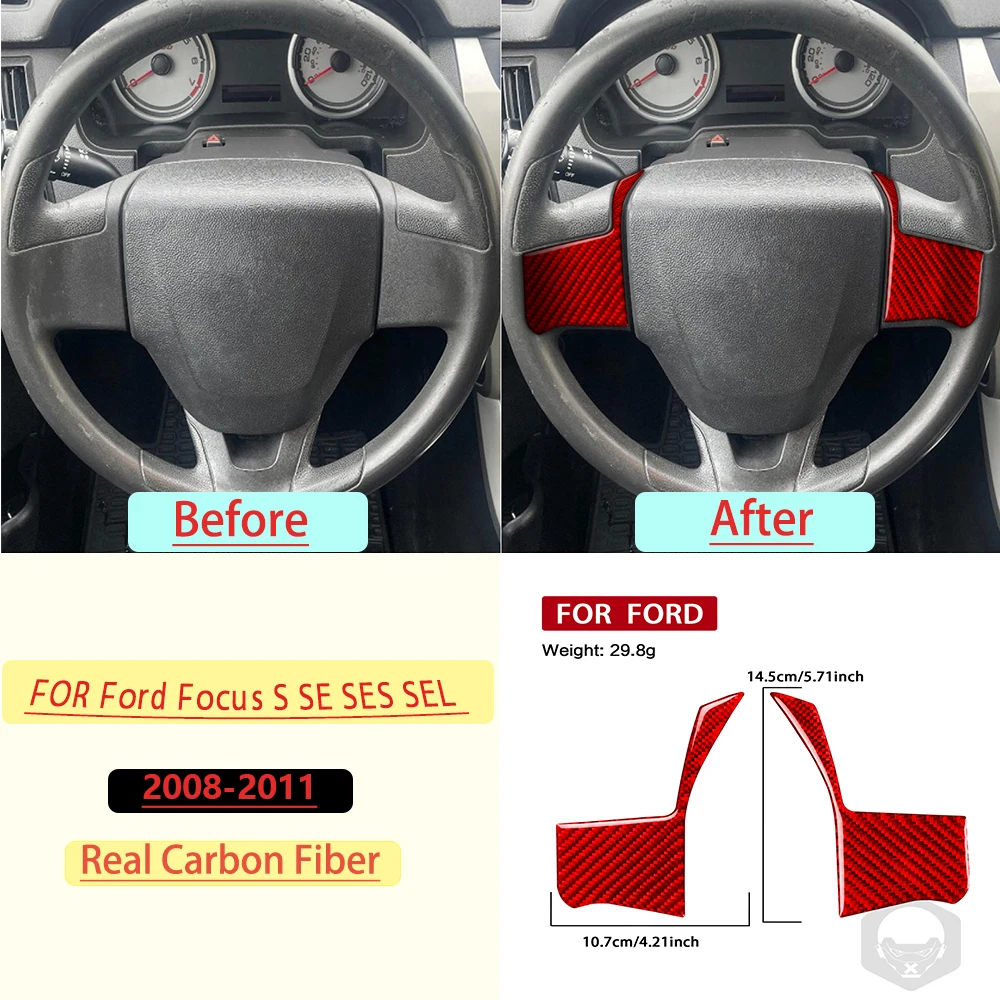For Ford Focus S SE SES SEL 2008-2011 Car Steering Wheel Frame Trim Red Real Soft Carbon Fiber Interior Car Accessories Sticker