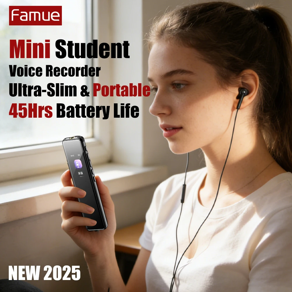 Famue L16 Ultra-Slim Student Voice Recorder | 45Hrs 360° Voice-Activated HD Smart Noise Reduction Password Protection 1536kbps