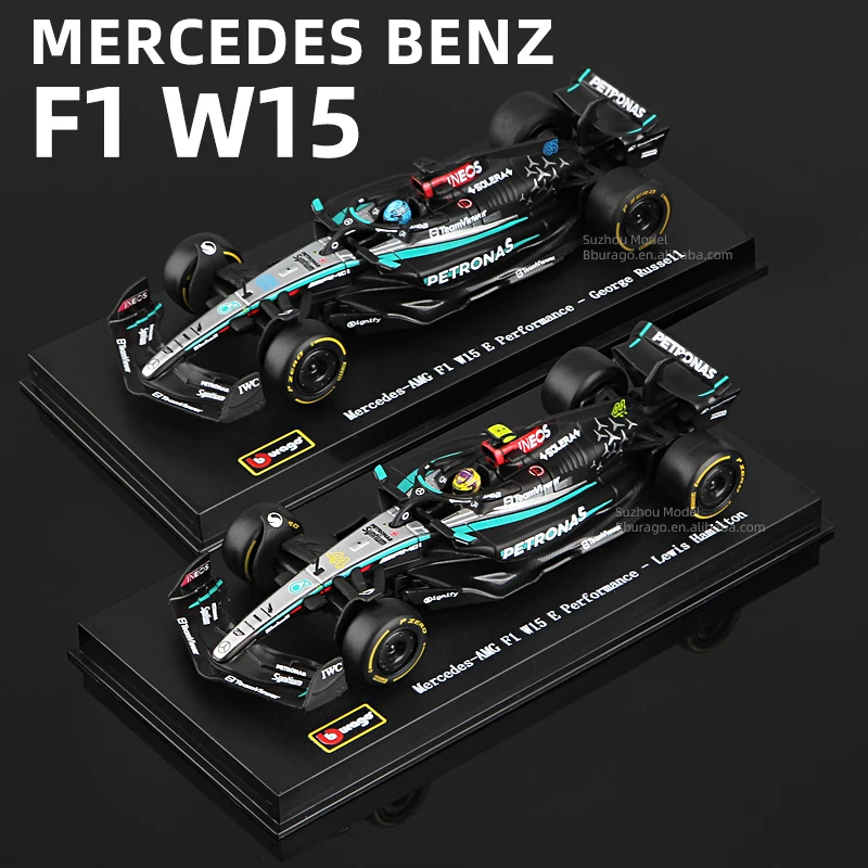 Bburago 1:43 F1 W15 Mercedes-AMG 2024 with helmet Alloy Car Model #44 Lewis Hamilton 63# George Russell Racing Diecast Toy