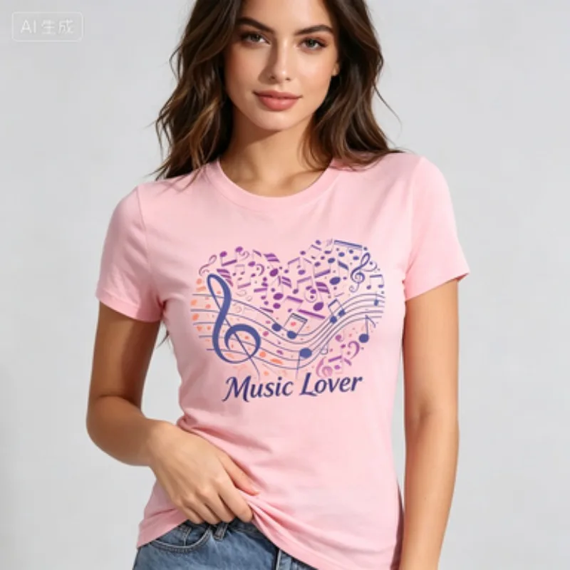 Slim‑Fit Crew Neck T‑Shirt Musician Art Print Cute Melody Symbol Pattern Soft Casual Short Sleeve Hobby Party Tops for Women