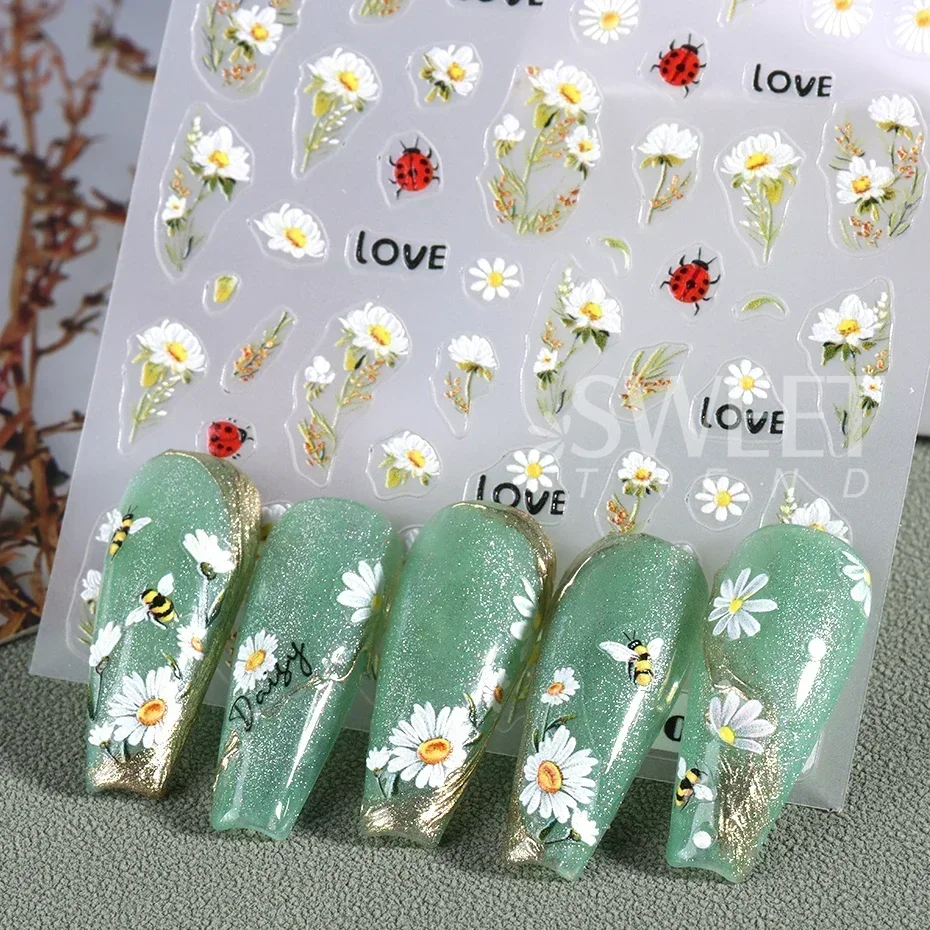 5D ديزي زهرة مسمار ملصقات لطيف زهر النحل البتلة الحشرات ذاتية اللصق مانيكير صائق DIY بها بنفسك الربيع الصيف مسمار الفن الديكور