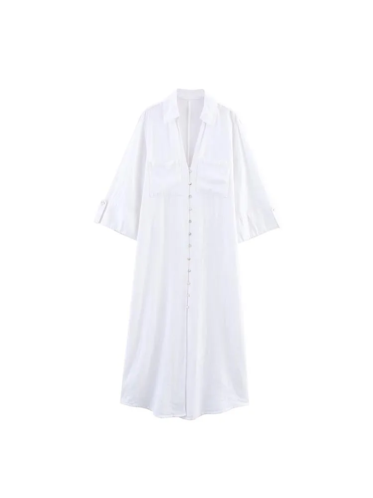 Verão novas camisas femininas vestido vintage sólido linho com decote em v 3/4 manga solta feminino elegante vestidos de rua