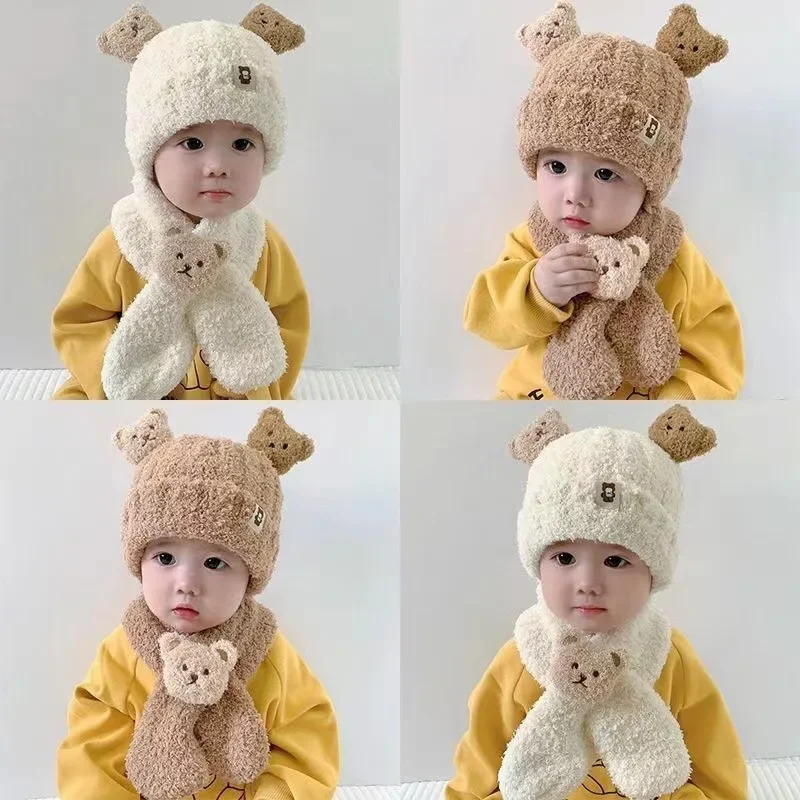 Czapka dziecięca Winter Cartoon Little Bear Coral Velvet Cap Plush Kids Caps Fleece Baby Scarf Hat Children Masked Hat Neck Scarf 2pc