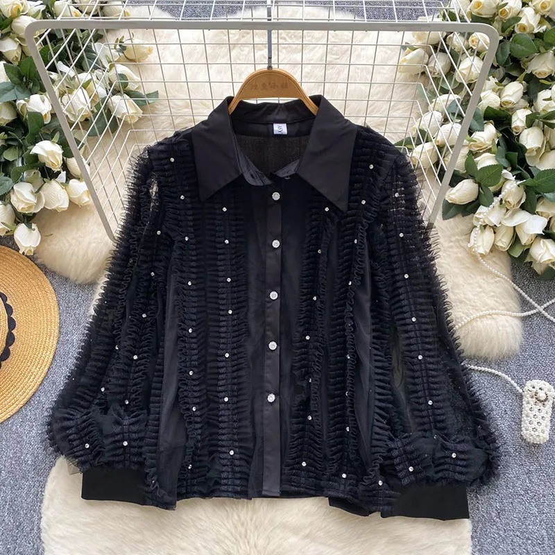 Blusa de satén con cuentas de diamantes, manga acampanada transparente, Top de lujo de alta calidad, camisa de fiesta plisada con empalme de encaje para mujer