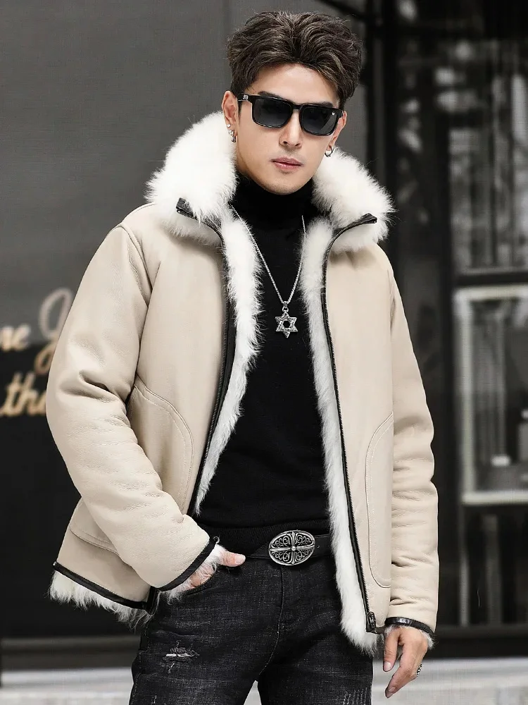 High-End Luxury Sheepskin Shearling Men's Stand Collar Coat Double-Sided White Genuine Leather Winter Wool Liner Warm Jacket Men