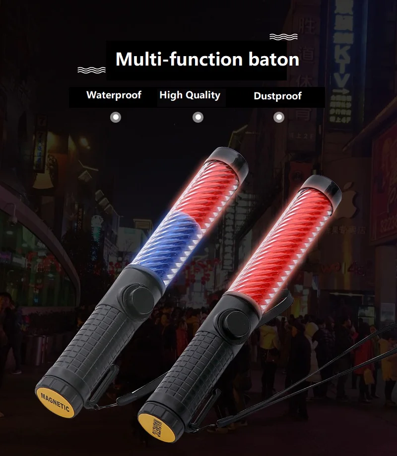 29cm Built-in Battery Multi-function LED Traffic Baton Warning Light Whistle Magnet Hook Buzzer Fluorescent Guide Rod