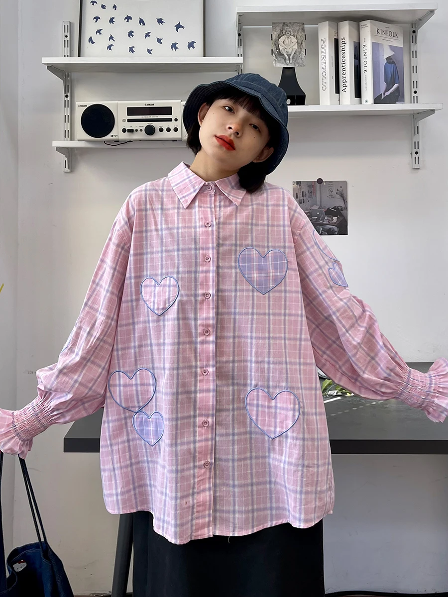 Love embroidered plaid long-sleeved shirt women\'s 2024 spring new loose bf American sweet wind top