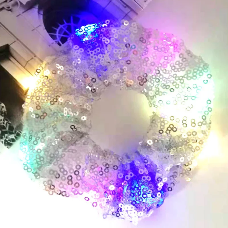 Light Up LED Glow Sequin Hair Scrunchies Metallic Elastics Ponytail Holders Wrist Ties Band for Show Party Wedding Festival