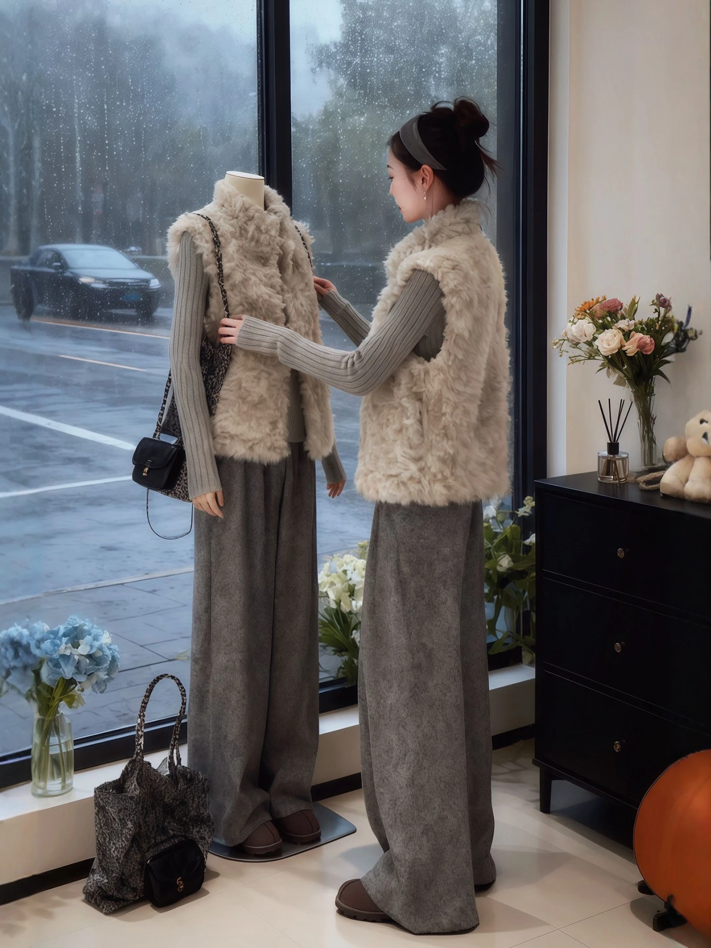 

Loose Fit Tee Piece Set Women's Faux Fur Vest Wide Leg Pants Comfortable Lazy Sle Winter Faion Ensemble Casual Wear