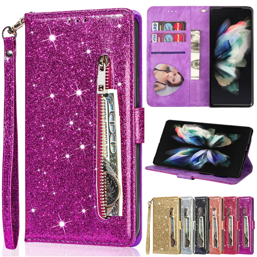 Glitter Wallet Magnetic Flip Leather Case For Samsung Galaxy Z Fold5 Z Fold4 Z Fold3 5G Zipper For Galaxy Z Fold 5 Z Fold 4 3