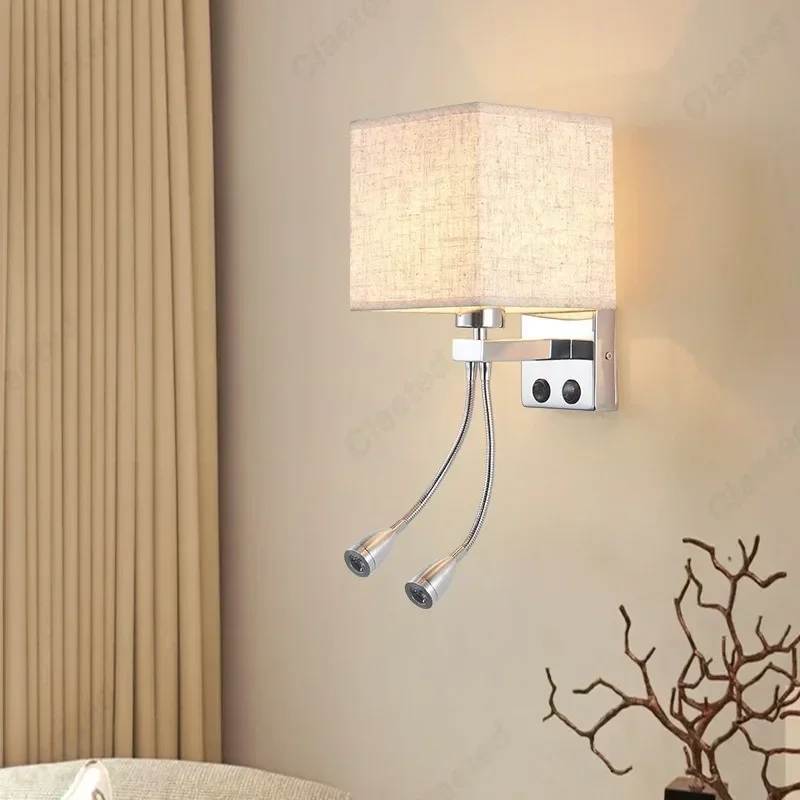 LED Fabric Lampshade E27 with Switch Wall Light USB Charging Port Adjustable Angle Hose Spotlight Bedroom Bedside Reading Light