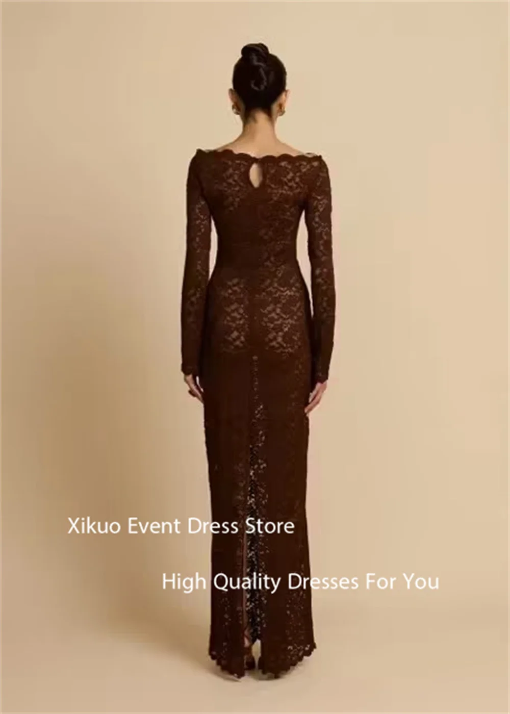 Xikuo Abiti lunghi sexy in pizzo marrone Abiti da sera Appliques Abiti aderenti De Verano 2025 Abiti da festa di alta qualità personalizzati