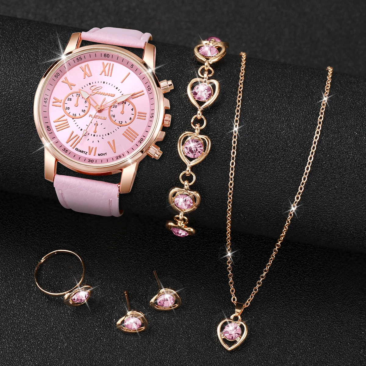 5PCS/Set Fashion Women Watch Rhinestone Heart Jewelry Set Geneva Watch Casual Leather Band Quartz Wristwatch（Without Box）