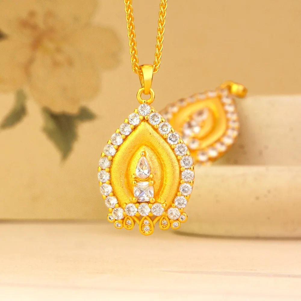 Draw silk inlay water drop wish pagoda necklace retro style all match 9999gold