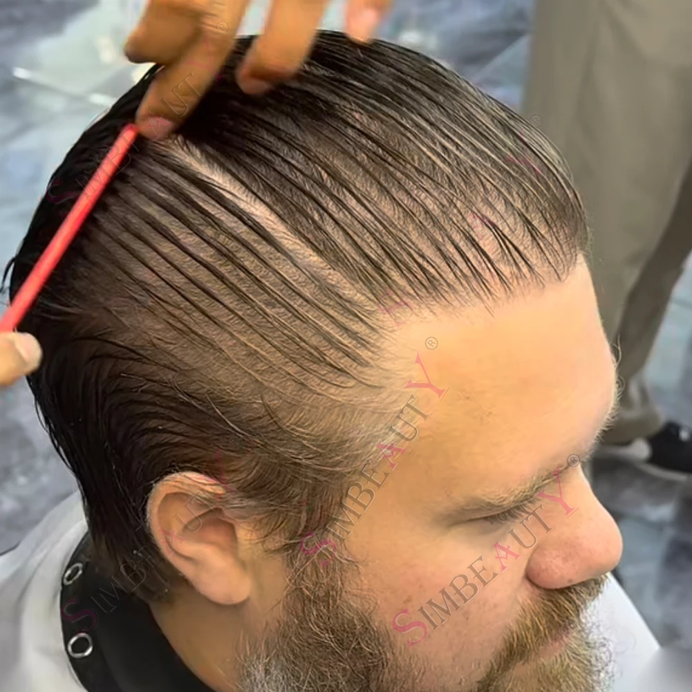 جلد رقيق للغاية 0.02-0.04 ملم 80% كثافة سيليكون HD PU أبيض أشقر رمادي 1B80 550 #   شعري طبيعي للرجال شعر مستعار شعر بشري اصطناعي