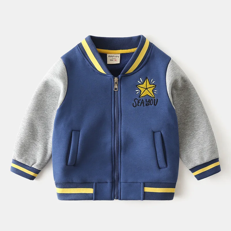 Kids' Baseball Jacket Spring Autumn Boys' Embroidered Star Letter Long Sleeve V-Neck Zip-Up Sweatshirt Casual Jackets, Ages 2-7