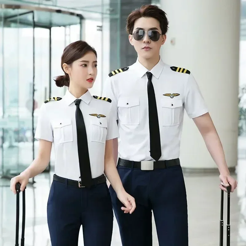 Men's Uniforms Autumn Professional White Shirt Uniform Pilot Sleeved Women's Attendants Summer Long Aviation Work Set For Flight