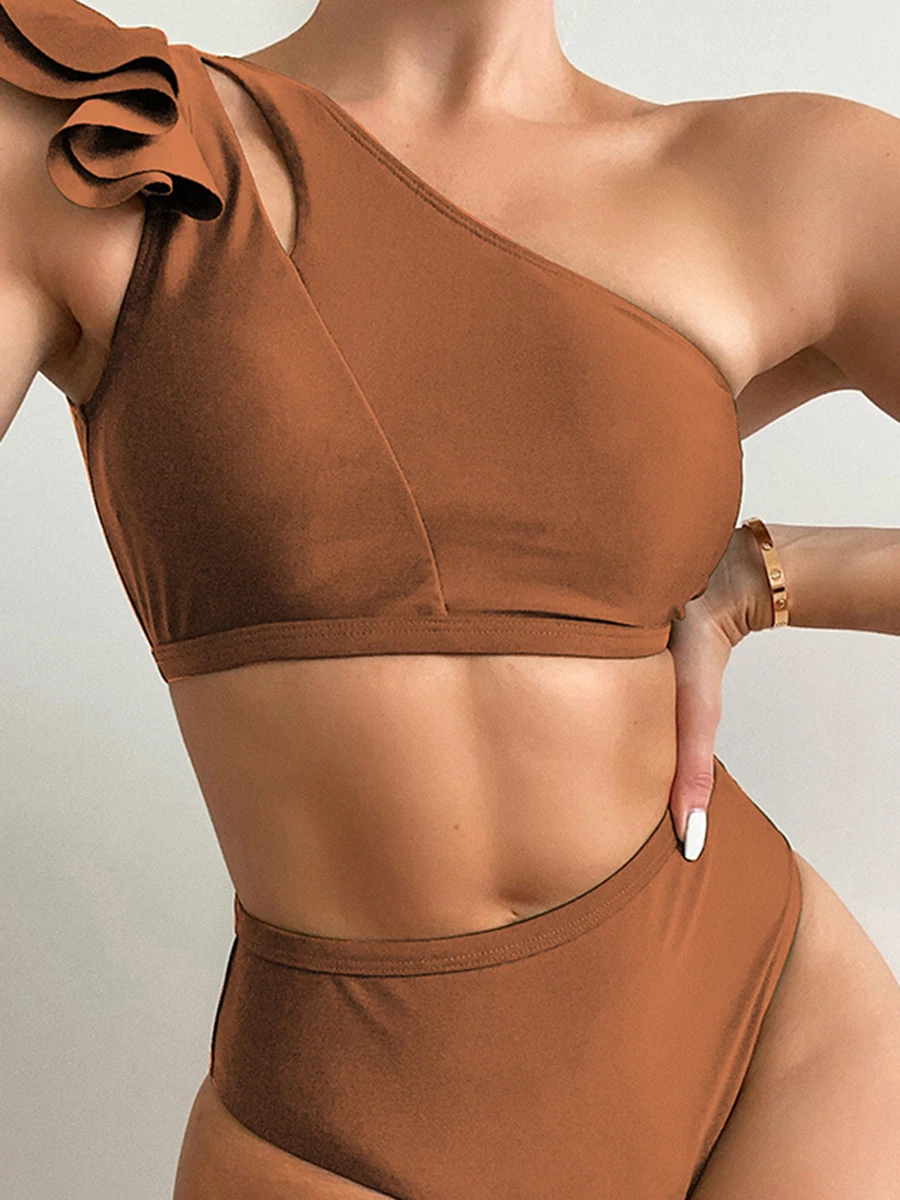 Maillot de bain asymétrique épaule dénudée, à volants, couleur unie, taille haute, rembourré, pour baigneurs, vêtements de plage, pour femmes, 2024