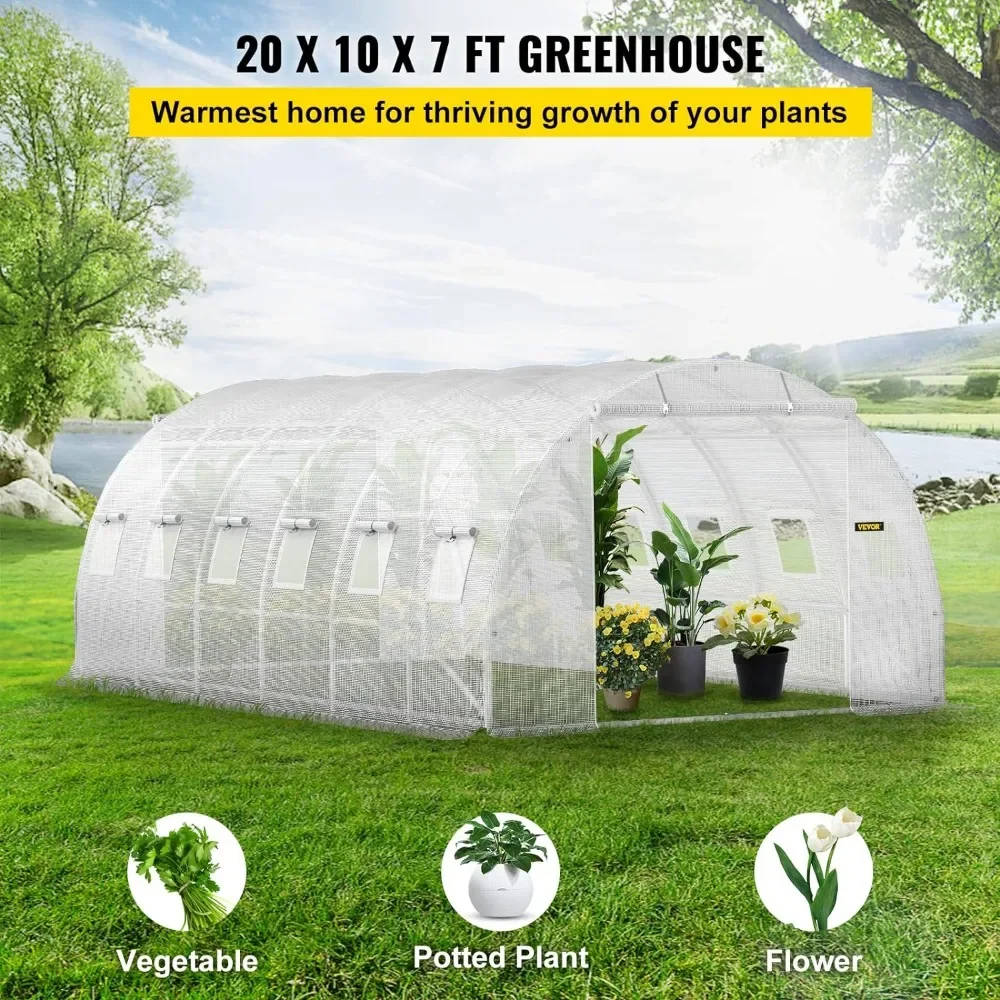 20 x 10 x 7 ft walk-in greenhouse with galvanized steel hoops, 3 top beams, diagonal bars, 2 zipper doors and 12 roller shutters