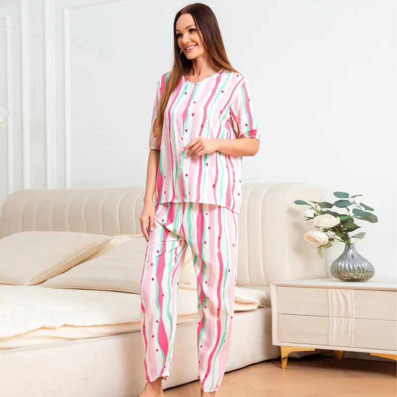 

Striped Pajamas 2Pcs Viscose Pijama Mujer Summer New Pajama Sets Short Sleeve Top Pants Elastic Waist Loungewear Sleepwear