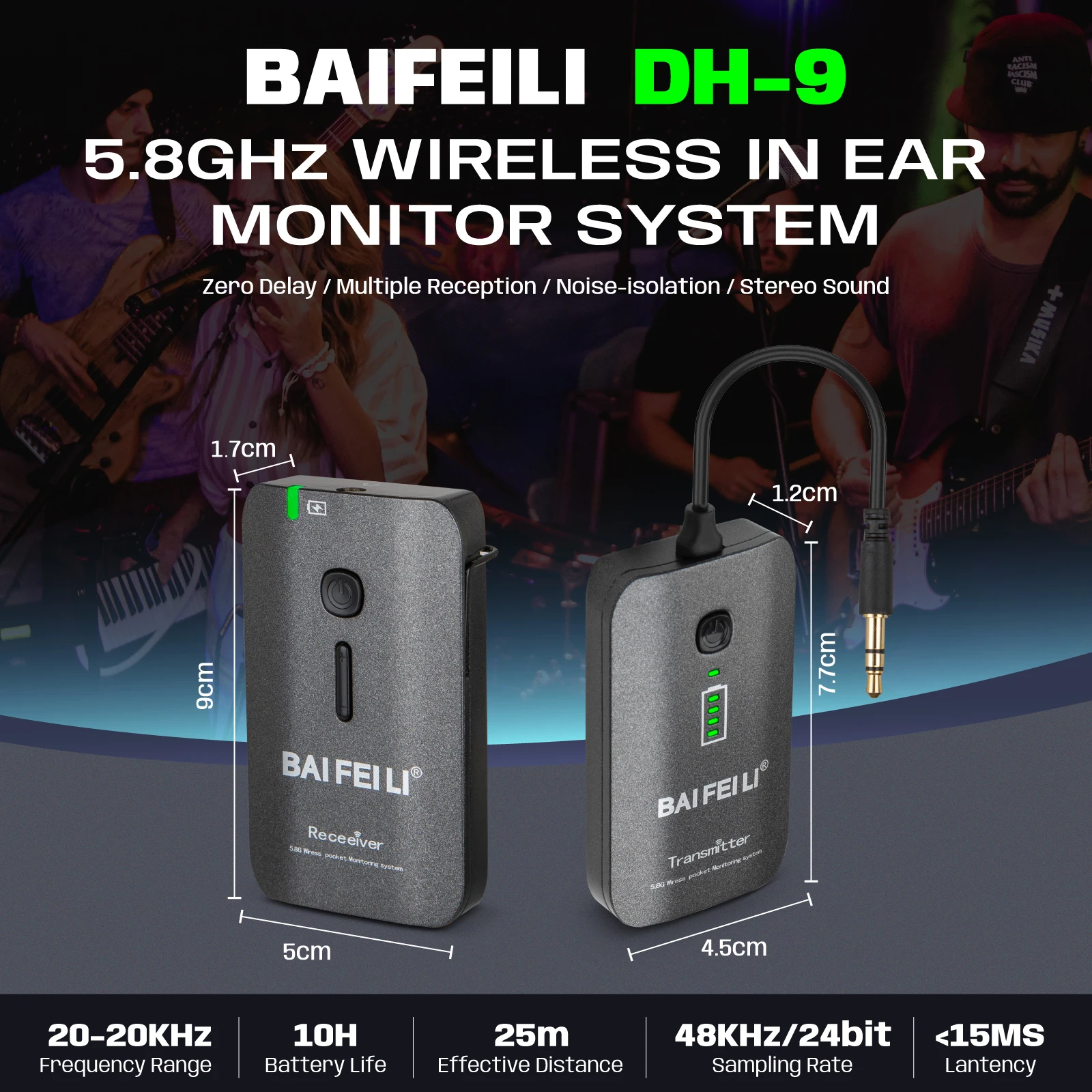BAIFEILI DH-9 5.8G Wireless Earphone Monitor Rechargeable Transmitter Receiver for Studio Band Live Performance