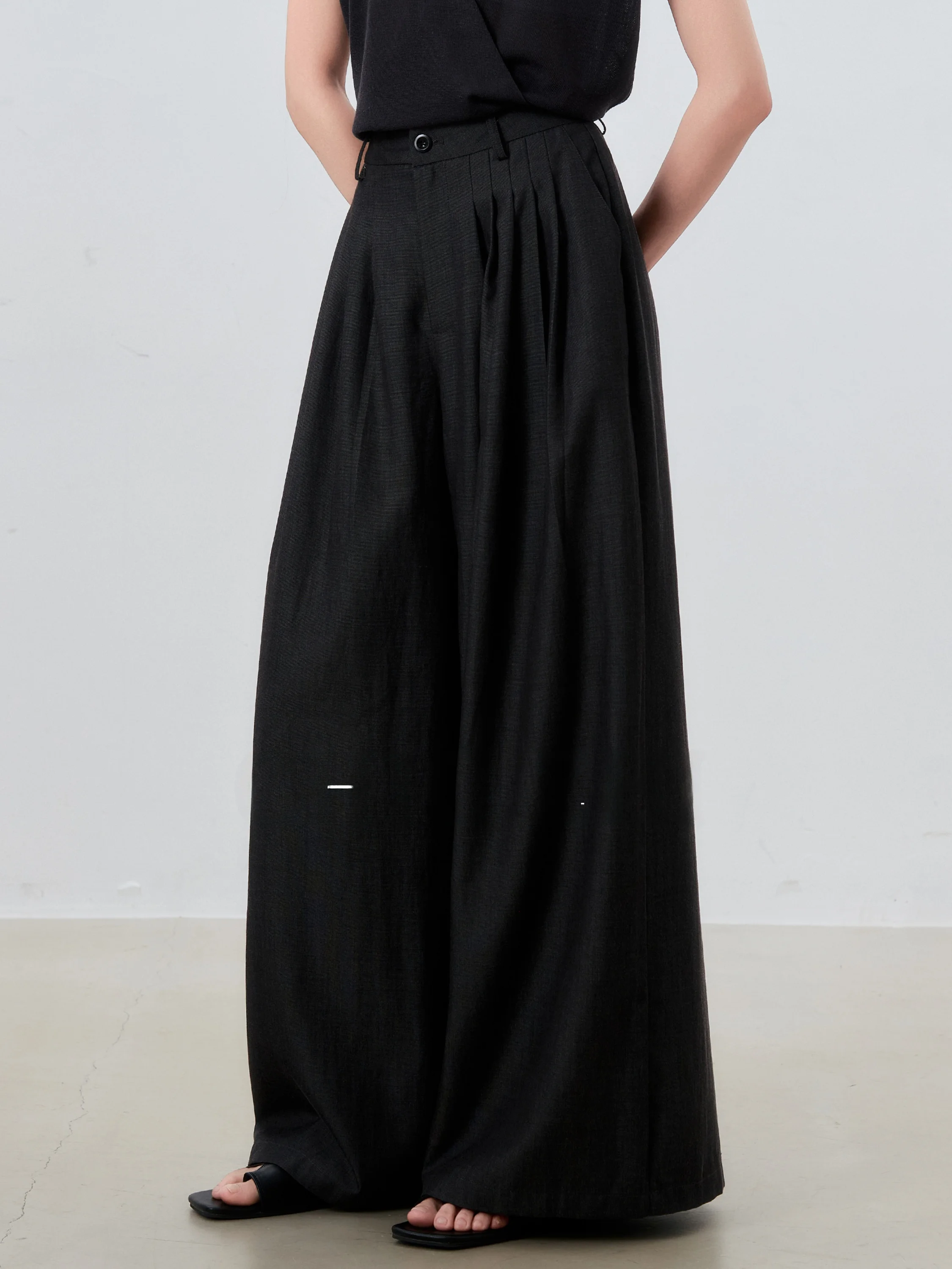 High Waist Wide Leg Casual Pants Women's Black Drapey Floor-Length  Linen Versatile High Waist Loose Fit Leisure Pants