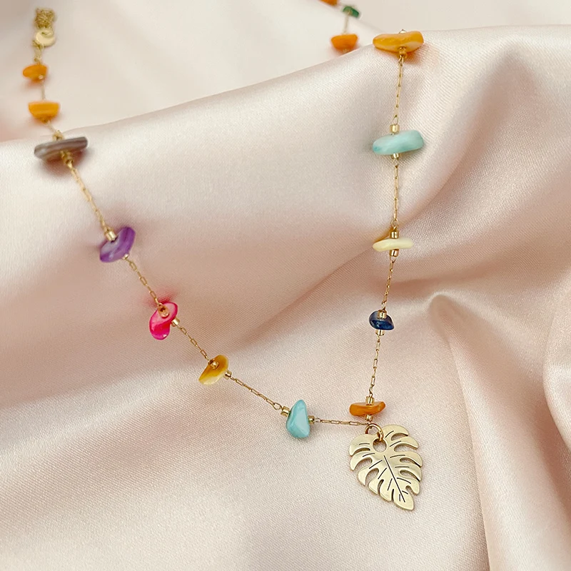 

1PC Assorted Colors Gravel Leaf Pendant Resort Style Stainless Steel Necklace For Women, Ideal Choice For Gifts Women's Jewelry