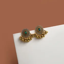 Women's Vintage Ethnic Earrings Metal Gold Color Ball Tassels Classical Girl Statement Earrings Green Crystal Ear Jewelry Gifts