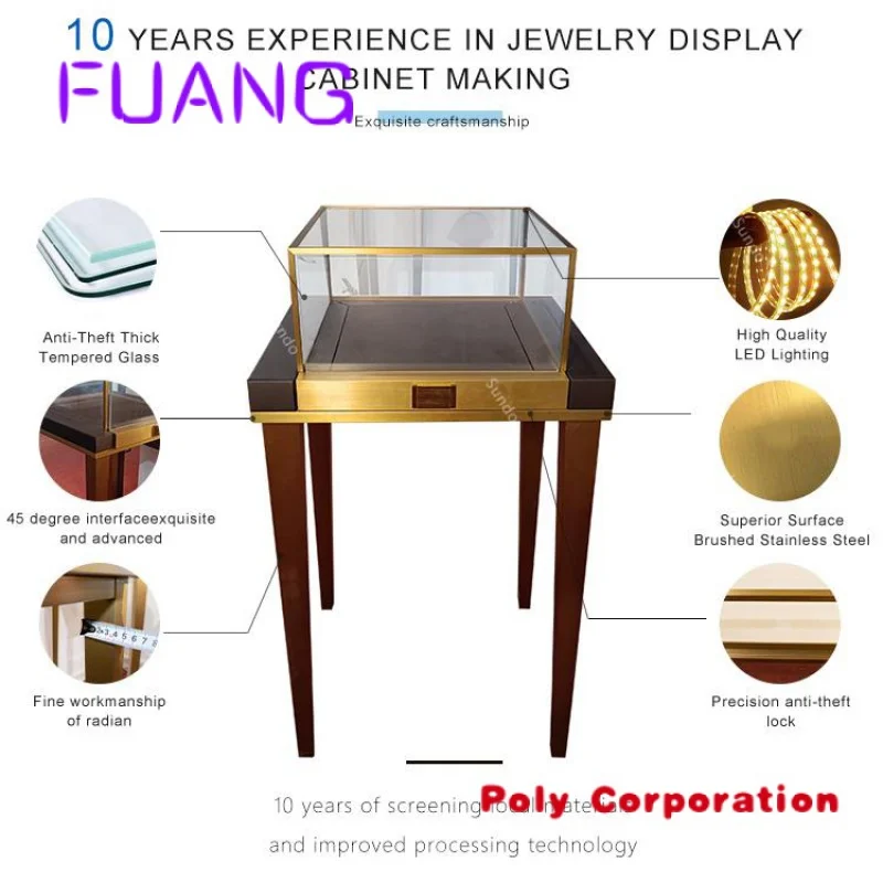 Custom  SUNDO Factory Custom Jewelry Showcase LED Lighting Golden Jewelry Display Cabinet Case