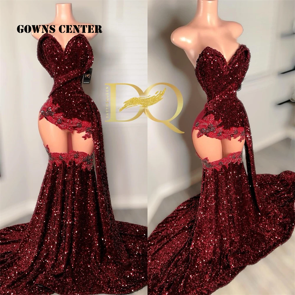 Robes de Rhsirène en velours bordeaux pour filles noires, robe de cocktail perlée, paillettes transparentes, cristal, luxe, anniversaire, 2024