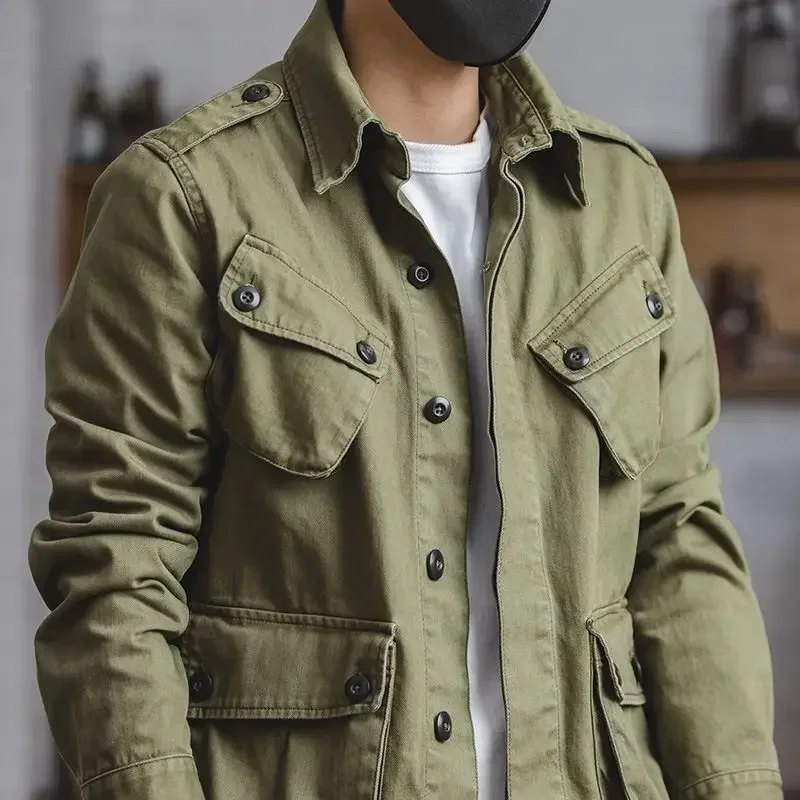 Chaqueta Bomber con múltiples bolsillos para hombre, chaqueta táctica militar de una sola botonadura, rompevientos, abrigo Retro de manga larga