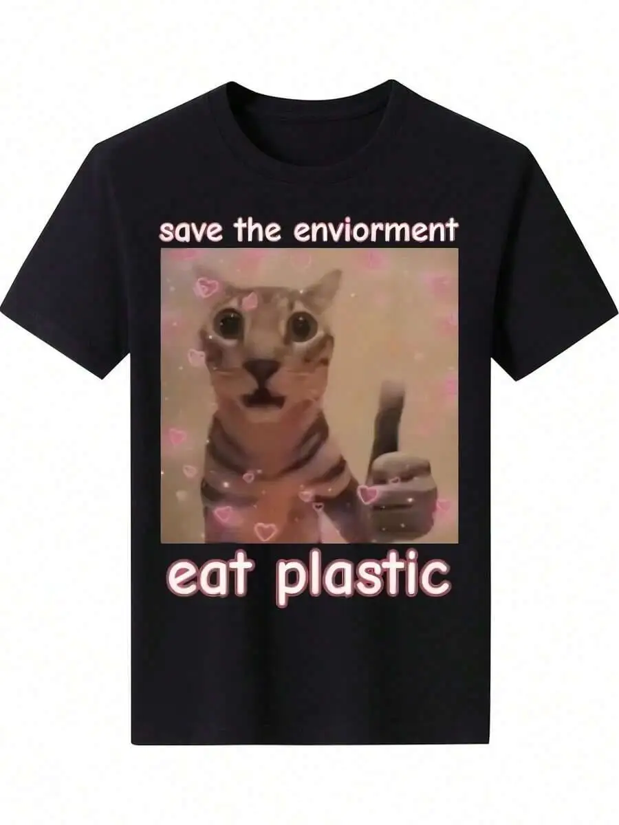 1Pc Men's Funny Cat Graphic T-Shirt, Cotton,Crew Neck, Short Sleeve,Regular Fit -"Save The Environment, Eat Plastic" Print, 100%