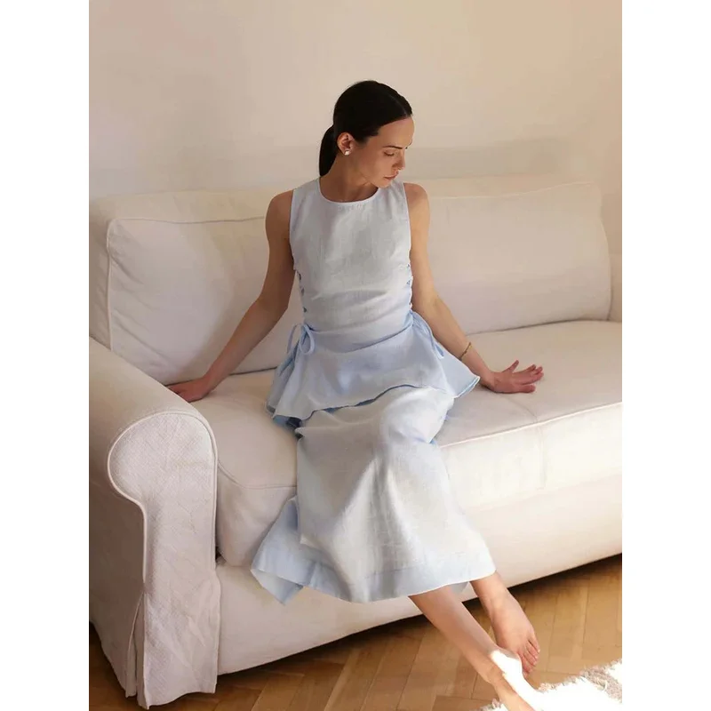 Elegant Ruffle Vest Pants Set Women Chic O-neck Sleeveless Side Lace Up Slim Top Straight Maxi Skirt 2 Piece Lady Party Suit