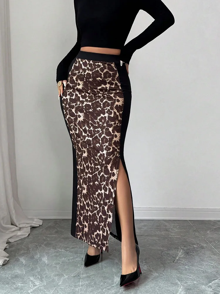 Women Skirt Spring Summer New Leopard Print Contrast Panels Bodycon Pencil Midi Skirt High Waist Sexy Thigh Slit Faldas SK099