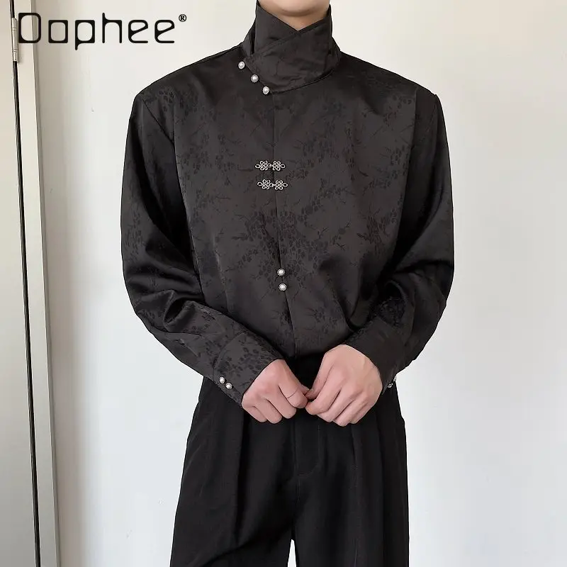 Spring and Autumn Floral Jacquard Stand Collar White Shirt New Chinese Style Men's Long Sleeve Metal Button Black Shirt