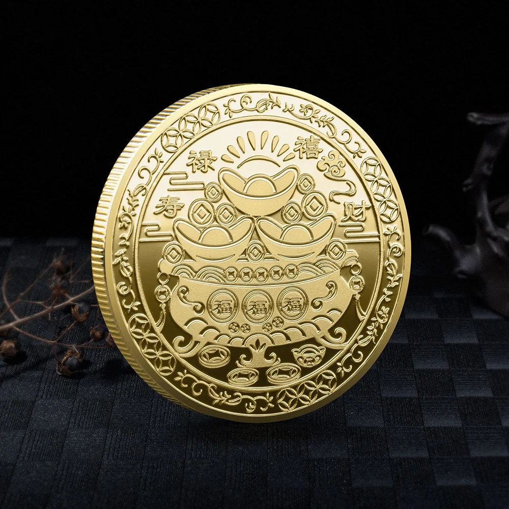 Colorful Chinese Coin Dragon and Phoenix of Luck Plated Gold Lucky Coin for Home Decor