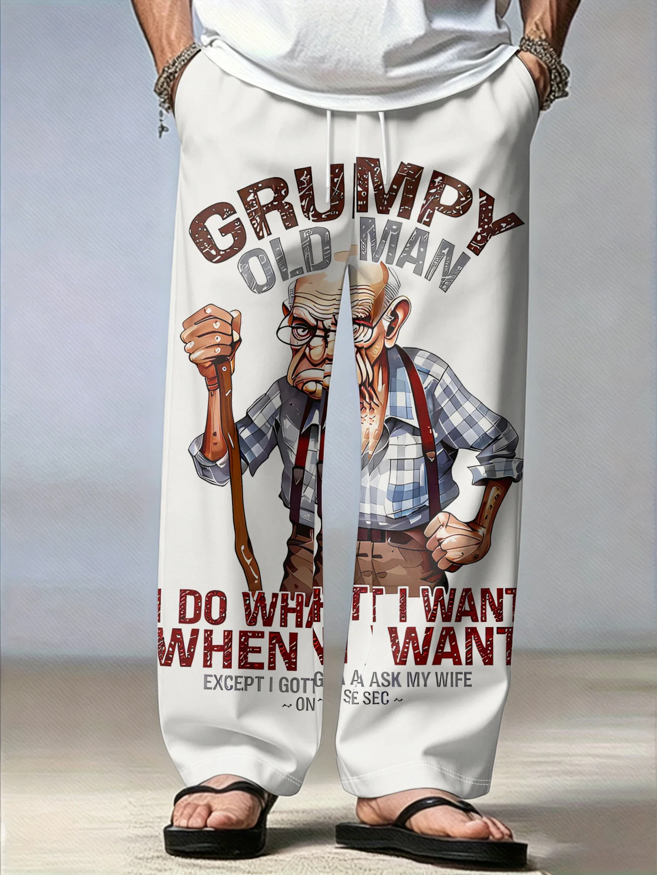 Pantalones de hombre con estampado de moda, viejo gruñón sosteniendo un bastón, siguiendo su propio camino, solo obediendo las