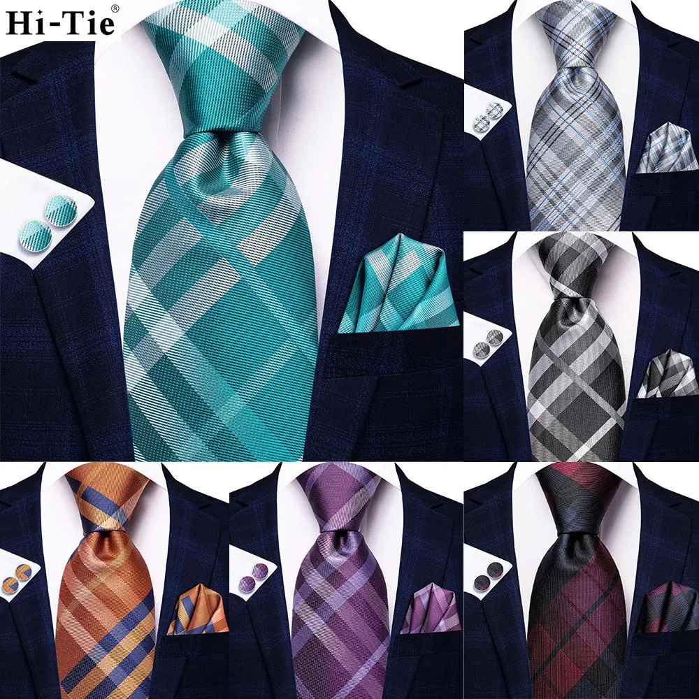 

Hi-Tie Designer Plaid Turquoise Orange Silk Tie For Men Handky Cufflink Gift Men Necktie Set Wedding Fashion Business Dropship