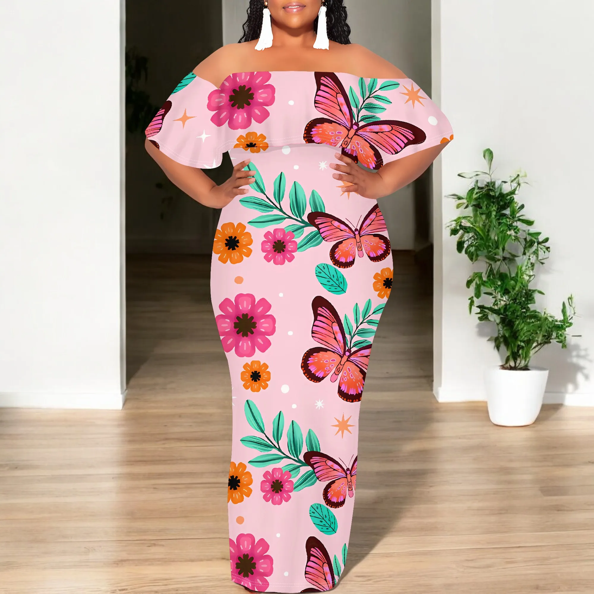 Women's Fashion 2025 Spring/Summer New Customized Casual Loose Swing Collar Printed Butterfly Beach Dress