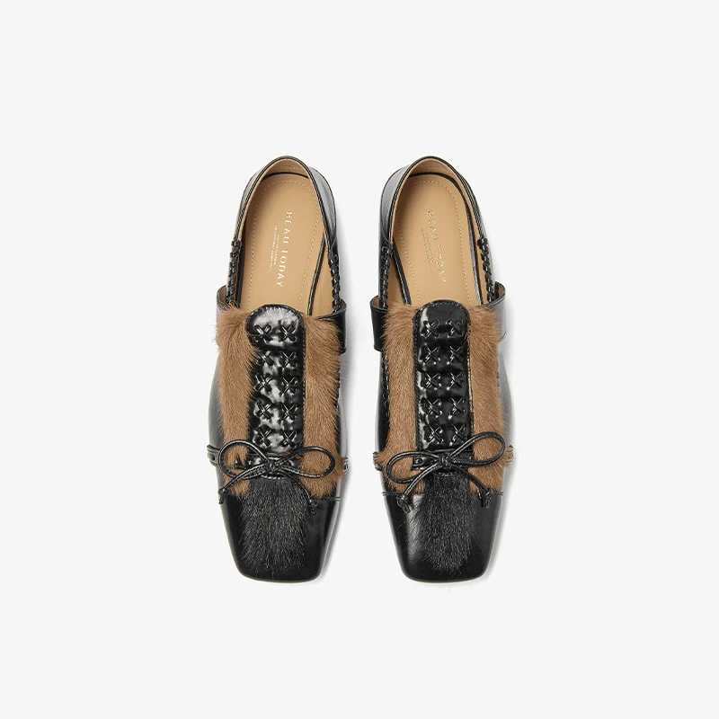BEAUTODAY Mary Janes Flat Women Genuine Cow Leather Square Toe T-Strap Fur Trim Ladies Fashion Shoes Handmade 28736