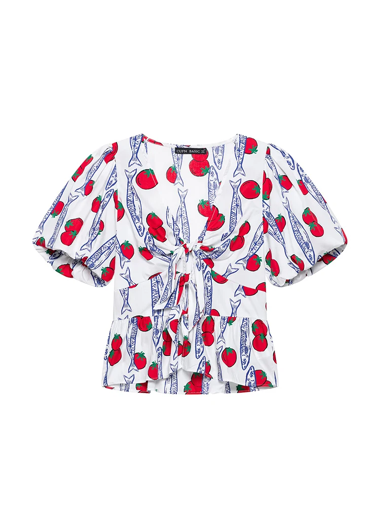 TFMLN Women V Neck Short Puff Sleeve Shirt Sweet Print Bow Lace Up Causal Tops 2026 New Fashion  Ladies Streetwear Blouse - view 4