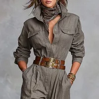 Monos Retro de Color sólido con solapa y botones para mujer, monos ajustados de cintura alta a la moda, pelele de otoño, monos con bolsillos de manga larga