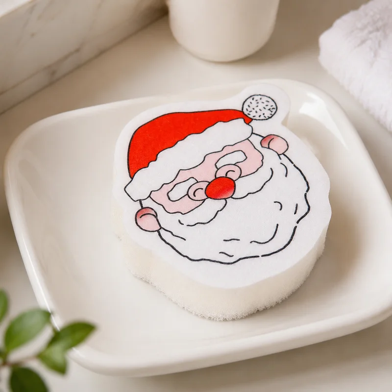Santa Christmas Wood Pulp Dish Sponge Cellulose Cleaning Sponge Kitchen Bowl Pot Scrubber Xmas Holiday Gift Home Cleaning Tool