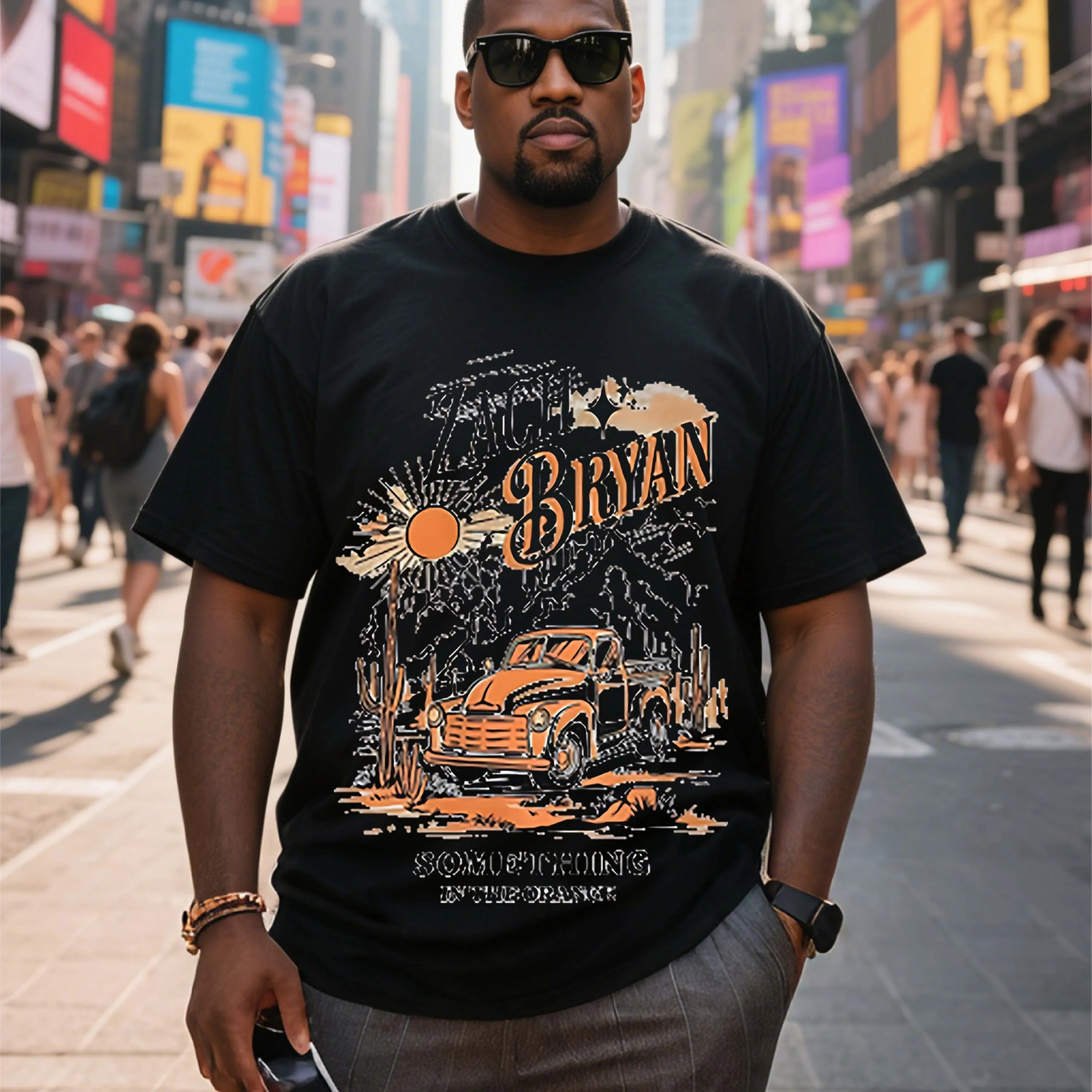 

Черная мужская футболка больших размеров с винтажным грузовиком и рисунком солнца. Подходит для активного отдыха весной и летом.