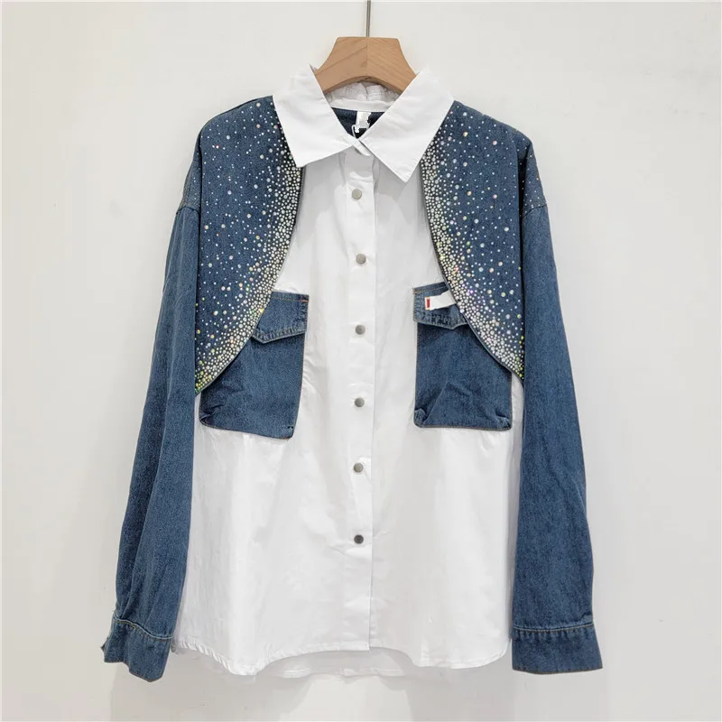 

SuperAen Denim Patchwork Blouse Women's Spring Autumn 2024 New Fashion Hot Diamond Korean Loose Shirts