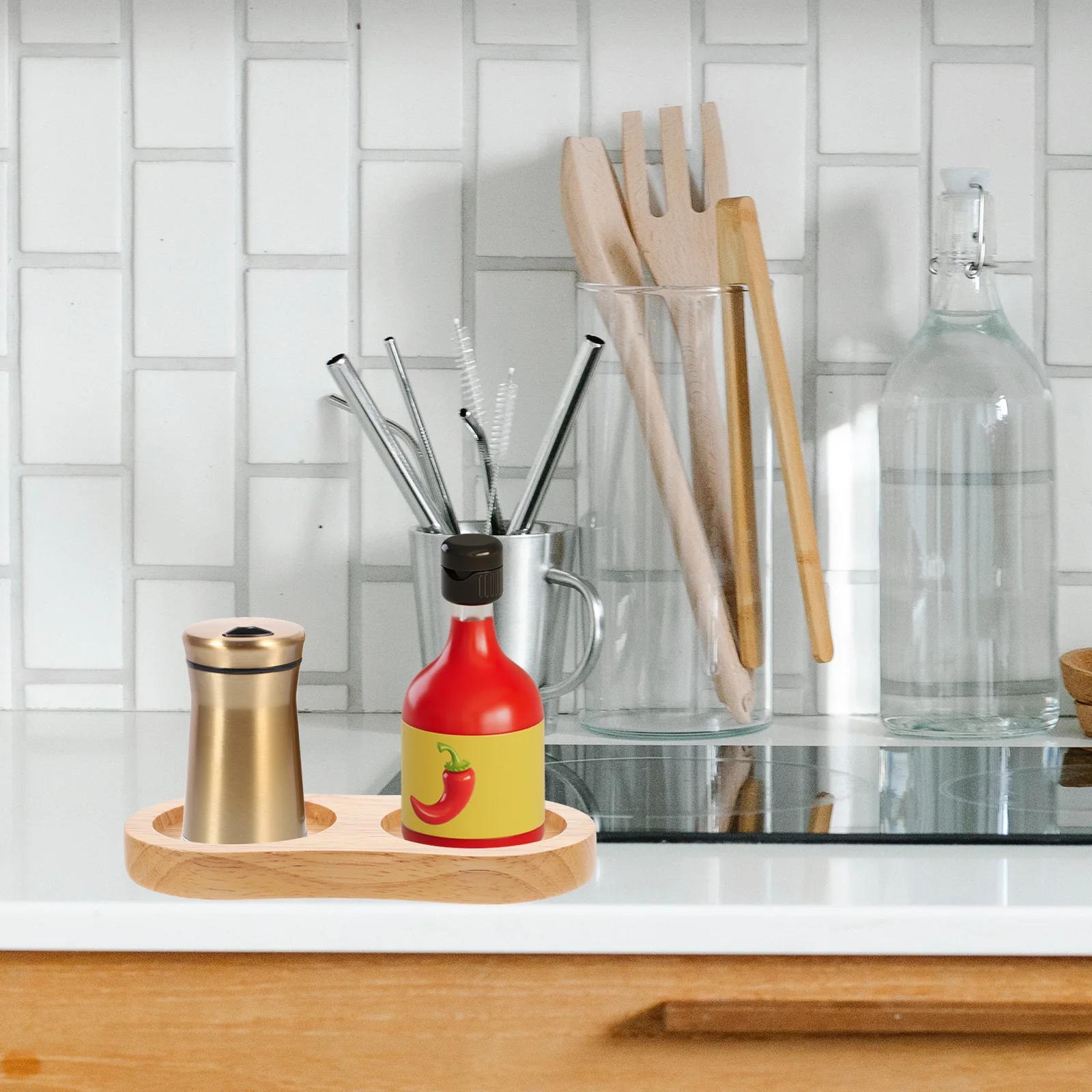 

1pc Antislip Wooden Pepper Grinder Base Salt Holder Organizer Seasoning Tray Coffee Station Accessories Kitchen Countertop Rack